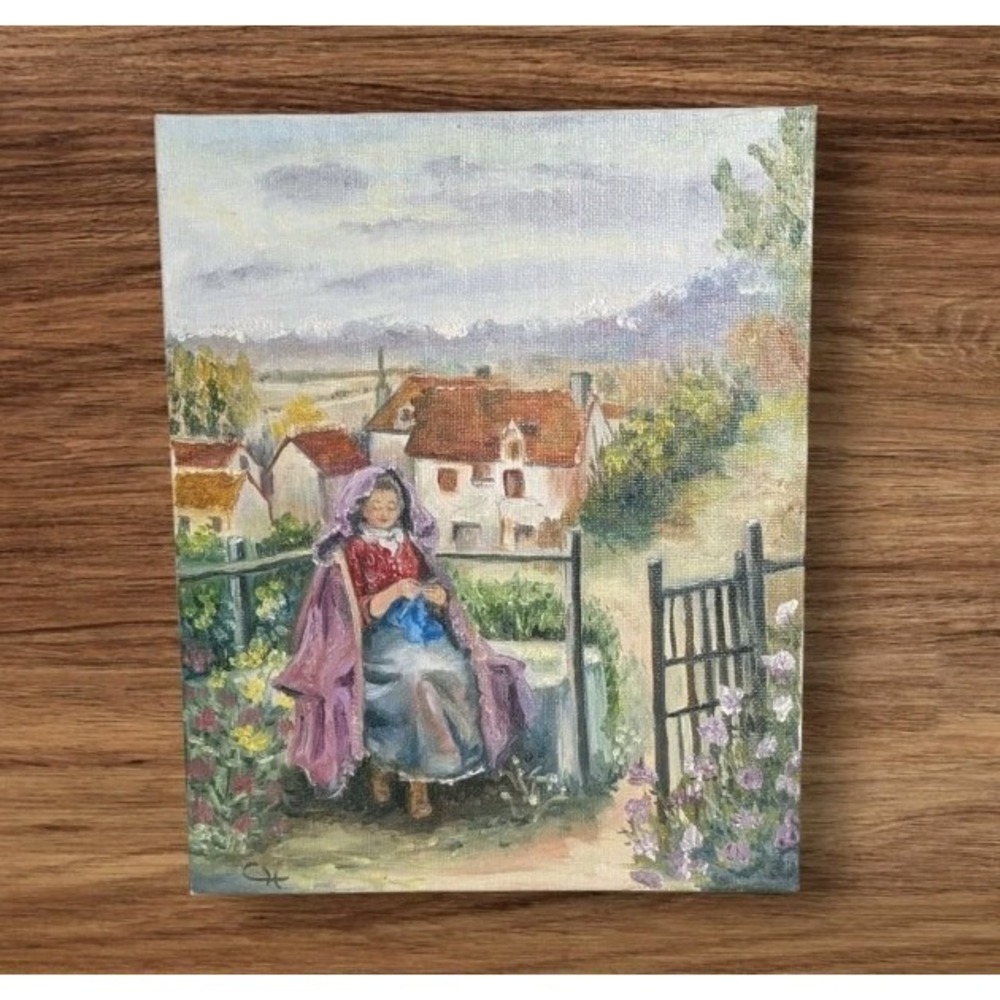 Oil Painting Woman In Countryside Signed Garden Village Student Artist 8 X 10